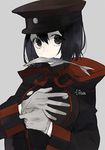  adjusting_clothes adjusting_gloves akitsu_maru_(kantai_collection) artist_name black_eyes black_hair black_hat breasts fish fish_in_mouth gloves hair_between_eyes hat hita_(hitapita) imperial_japanese_army kantai_collection large_breasts long_sleeves looking_at_viewer military military_hat military_uniform peaked_cap remodel_(kantai_collection) shaded_face short_hair simple_background solo uniform upper_body white_gloves white_skin 