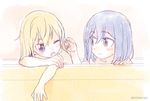  ;o bath bathing blonde_hair blue_hair blush_stickers brown_eyes child collarbone duplicate eye_contact eyebrows eyelashes fingernails flip_flappers hair_between_eyes hand_in_another's_hair hand_on_own_shoulder indoors jpeg_artifacts kokomine_cocona light_smile looking_at_another multiple_girls niina_ryou nude one_eye_closed open_mouth purple_eyes shared_bathing short_hair twitter_username watermark yayaka younger 