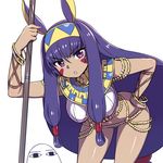  animal_ears bangs bent_over blunt_bangs bracelet breasts chan_co dark_skin earrings fate/grand_order fate_(series) hand_on_hip holding jackal_ears jewelry large_breasts long_hair looking_at_viewer medjed nitocris_(fate/grand_order) purple_eyes purple_hair sidelocks simple_background staff very_long_hair white_background 