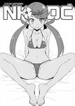  bikini breasts cleavage flower greyscale hair_flower hair_ornament long_hair mao_(pokemon) medium_breasts monochrome pokemon pokemon_(game) pokemon_sm sitting solo spread_legs swimsuit tamagoroo_(funifuni_labo) trial_captain twintails 