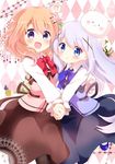  :d angora_rabbit animal animal_on_head blue_eyes blue_hair blush bunny bunny_on_head chestnut_mouth commentary_request dress gochuumon_wa_usagi_desu_ka? hair_ornament hairclip holding_hands hoto_cocoa kafuu_chino long_hair looking_at_viewer massala multiple_girls on_head open_mouth pantyhose purple_eyes rabbit_house_uniform short_hair smile symmetrical_hand_pose tippy_(gochiusa) waitress x_hair_ornament 