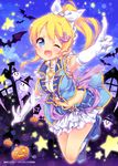  2014 :d ;d ayase_eli bare_shoulders bat blonde_hair blue_eyes blush boots breasts cleavage_cutout crop_top dancing_stars_on_me! ech elbow_gloves ghost gloves hair_ornament halloween jack-o'-lantern jumping long_hair looking_at_viewer love_live! love_live!_school_idol_project medium_breasts navel one_eye_closed open_mouth ponytail pumpkin scrunchie skirt sky smile solo star text_focus white_gloves white_scrunchie 