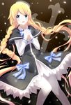  absurdly_long_hair bad_id bad_pixiv_id blonde_hair blue_bow blue_eyes bow braid capelet dress eyebrows_visible_through_hair hair_ornament hands_clasped hat highres long_hair looking_at_viewer magi_in_wanchin_basilica open_mouth own_hands_together pantyhose peneko snowflakes solo striped striped_bow twin_braids very_long_hair white_legwear xiao_ma 