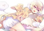  :d animal_print bangs blonde_hair bloomers blush breasts bunny_print cloud cloud_hair_ornament cloud_print eyebrows_visible_through_hair frilled_pillow frills hair_between_eyes kanaiko long_hair looking_at_viewer low_twintails lying mahou_shoujo_ikusei_keikaku mahou_shoujo_ikusei_keikaku_unmarked nemurin no_pants on_side open_mouth pajamas pillow pillow_hug print_pajamas purple_eyes sleeves_past_wrists small_breasts smile solo twintails underwear very_long_hair white_background 