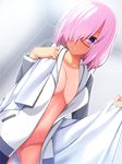  breasts dress_shirt dutch_angle fate/grand_order fate_(series) glasses hair_over_one_eye large_breasts looking_at_viewer mash_kyrielight naked_shirt one-piece_tan open_clothes open_shirt pink_hair purple_eyes shirt short_hair skylader solo sweat tan tanline 