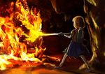  azumi_(madogiwa_bocchi_seki) blonde_hair burning cave christmas_tree commentary_request fire flamethrower mizuhashi_parsee pointy_ears scarf short_hair solo touhou weapon 