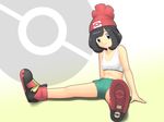  10s 1girl arm_support bangs bare_shoulders beanie black_eyes black_hair bra breasts child closed_mouth collarbone curly_hair female female_protagonist_(pokemon_sm) full_body looking_at_viewer midriff nintendo pokemon pokemon_(game) sho_kazamori shoes short_hair short_shorts shorts sitting small_breasts smile solo sports_bra swept_bangs white_bra 