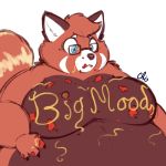  ailurid anthro belly big_belly bluebrush claws eyewear food fur glasses hand_on_stomach looking_down male mammal meatball messy moobs nude obese obese_male overweight overweight_male pasta red_fur red_panda sauce simple_background solo spaghetti text white_background white_fur 