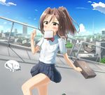  absurdres alternate_costume animal bag blue_sky breast_pocket brown_eyes brown_hair building cat cloud cloudy_sky contemporary day dress_shirt food food_in_mouth highres holding kantai_collection late_for_school long_hair mouth_hold nedia_(nedia_region) pleated_skirt pocket ponytail road running school_bag school_briefcase school_uniform shirt short_sleeves skirt sky skyscraper sleeping smile toast toast_in_mouth white_cat zuihou_(kantai_collection) 