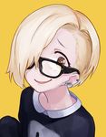  alternate_costume black-framed_eyewear blonde_hair brown_eyes code-aa cosplay glasses hair_over_one_eye idolmaster idolmaster_cinderella_girls looking_at_viewer open_mouth shirasaka_koume short_hair skrillex skrillex_(cosplay) sleeves_past_wrists smile undercut 