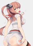  ahoge ass bad_id bad_pixiv_id blue_eyes breast_pocket breasts brown_hair condom condom_in_mouth dress eyebrows_visible_through_hair fedsnk grey_background hair_between_eyes highres kantai_collection large_breasts long_hair looking_at_viewer mouth_hold neckerchief pocket ponytail red_legwear red_neckwear saratoga_(kantai_collection) side_ponytail simple_background smile smokestack solo thighhighs torn_clothes white_dress 