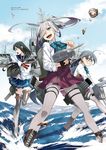  3girls ahoge aircraft_catapult artist_name asashimo_(kantai_collection) black_hair blue_eyes blue_hair boots bow bowtie cannon enemy_aircraft_(kantai_collection) fujikawa glasses grey_hair hair_between_eyes hair_over_one_eye hairband highres kantai_collection kiyoshimo_(kantai_collection) lace lace-trimmed_thighhighs long_hair multicolored_hair multiple_girls non-web_source official_art ooyodo_(kantai_collection) radio_antenna semi-rimless_eyewear sharp_teeth smile teeth thighhighs torpedo turret under-rim_eyewear very_long_hair 