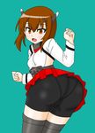  1girl artist_request ass bike_shorts blush breasts brown_eyes brown_hair cameltoe fist from_behind headband huge_ass kantai_collection looking_at_viewer open_mouth pantylines shiny shiny_hair shiny_skin short_hair skirt solo taihou_(kantai_collection) thighhighs 