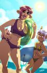  2014 beach big_breasts bikini bonny_(gusana) breasts cleavage clothed clothing collarbone duo ear_piercing female float fluffy fluffy_tail gusana hair humanoid lila_(gusana) looking_at_viewer not_furry piercing seaside short_hair swimsuit white_hair 