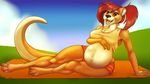  2016 anthro belly big_belly brown_fur claws clothed clothing cloud crop_top female fur hair hand_on_stomach long_hair lying mammal mustelid navel on_side open_mouth otter outside pregnant pregoo red_eyes red_hair shirt shorts sky smile solo teeth toe_claws tongue 