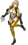  bodysuit breasts brown_hair center_opening gloves holding katrina_company large_breasts leg_up official_art short_hair solo super_robot_wars super_robot_wars_x-omega watanabe_wataru 