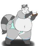  anthro barefoot belly belly_overhang big_belly big_butt black_fur bulge butt claws clion clothed clothing deep_navel facial_markings food fur grey_fur holding_food holding_object love_handles male mammal markings mask_(marking) moobs navel obese obese_male overweight overweight_male pie procyonid raccoon ringtail simple_background solo standing thick_thighs toe_claws topless torn_clothing underwear whipped_cream white_background wide_hips 