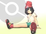  10s 1girl arm_support bangs beanie black_eyes black_hair child closed_mouth collarbone curly_hair female female_protagonist_(pokemon_sm) full_body looking_at_viewer nintendo pokemon pokemon_(game) print_shirt sho_kazamori shoes short_hair short_shorts shorts sitting smile solo swept_bangs tied_shirt 