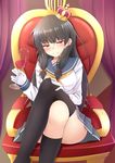  artoria_pendragon_(all) asymmetrical_legwear black_hair black_legwear breasts chair commentary_request crossed_legs crown cup doyachii drinking_glass gloves hair_ribbon highres holding holding_cup isokaze_(kantai_collection) kantai_collection kawasumi_ayako kneehighs long_hair long_sleeves looking_at_viewer medium_breasts mini_crown neckerchief pleated_skirt red_eyes ribbon saber school_uniform seiyuu_connection serafuku single_kneehigh single_thighhigh sitting skirt thighhighs throne tress_ribbon white_gloves wine_glass 