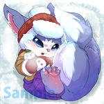  anthro big_ears blue_eyes blue_fur blush clothing cub feet fur gloves gnar_(lol) hat ichiba league_of_legends lying m@rt open_mouth pawpads paws snow snowman solo tears tongue tusks video_games watermark yordle young 