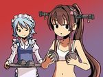  adrian_ferrer alternate_breast_size apron bow bra braid breast_padding brown_eyes brown_hair collarbone crossover flat_chest hair_bow hairband headgear izayoi_sakuya kantai_collection long_hair maid maid_headdress midriff multiple_girls navel one_eye_closed ponytail silver_hair smile touhou training_bra trait_connection tray twin_braids underwear waist_apron yamato_(kantai_collection) 