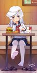  artist_name blue_eyes chin_rest commentary cup dated disposable_cup feet film_grain flat_cap food french_fries hamburger hat hibiki_(kantai_collection) highres indoors kantai_collection long_hair neckerchief no_shoes pantyhose pleated_skirt sailor_collar school_uniform serafuku shoes_removed sitting skirt smile solo tsubasa_tsubasa wcdonalds white_hair white_legwear 