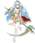  angeline breasts bridal_gauntlets choker cleavage drill_hair earrings garter_straps holding holding_weapon jewelry large_breasts light_blue_hair long_hair long_sleeves looking_at_viewer official_art orange_eyes puffy_sleeves sameda_koban scythe sennen_sensou_aigis skirt smile solo thighhighs weapon white_legwear 
