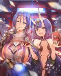  alcohol backlighting bangs black_gloves blue_eyes blunt_bangs blurry blush bottle breasts bust_cup cherry_blossoms cleavage commentary covered_nipples cup depth_of_field drunk eyebrows_visible_through_hair fang fate/grand_order fate_(series) finger_licking fingerless_gloves full-face_blush gauntlets gloves hair_between_eyes half-closed_eyes hand_up hands_up holding horns huge_breasts japanese_clothes kimono kimono_pull lantern licking light_rays long_hair minamoto_no_raikou_(fate/grand_order) multiple_girls naked_tabard night night_sky nipples oni oni_horns open_mouth paper_lantern petals pouring purple_eyes purple_hair revealing_clothes sakazuki sake sake_bottle see-through short_hair shuten_douji_(fate/grand_order) sky small_breasts smile tabard teddy_(khanshin) thick_eyebrows tongue tongue_out torii turtleneck wet wet_clothes 