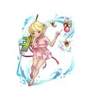  absurdres bee bikini blonde_hair bug full_body gun highres holding holding_gun holding_weapon insect jewelry navel necklace official_art one_side_up pink_bikini polka_dot polka_dot_bikini sandals short_hair smile solo swimsuit thousand_memories torika_(thousand_memories) transparent_background water water_gun weapon yellow_eyes 