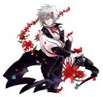  butler deere_(fire_emblem_if) european_clothes fire_emblem fire_emblem_if flower gloves grey_hair insarability jacket kunai looking_at_viewer male_focus purple_eyes solo weapon 