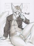  2016 anthro bottomless canine clothed clothing english_text eyewear fox fur glasses hair hat humanoid_penis looking_at_viewer male mammal miles_df penis signature sitting solo suit text uncut 