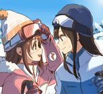  :d ? akni beanie blush brown_eyes brown_hair commentary_request earrings from_side gloves goggles goggles_on_head green_eyes hat hood hooded_jacket idolmaster idolmaster_cinderella_girls imprint imprinted_skin jacket jewelry mountain multiple_girls open_mouth profile shibuya_rin shimamura_uzuki ski_gear ski_goggles smile snow speech_bubble spoken_question_mark sweatdrop wavy_mouth winter winter_clothes 