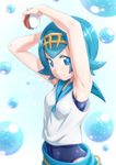  armpits arms_up blue_eyes blue_hair blue_sailor_collar blurry blush breasts bubble closed_mouth commentary_request covered_navel depth_of_field hairband highres holding holding_poke_ball looking_at_viewer one-piece_swimsuit pants poke_ball poke_ball_(generic) pokemon pokemon_(game) pokemon_sm sailor_collar sazanami_tarou shiny shiny_clothes shiny_hair shiny_skin shirt short_hair skin_tight sleeveless small_breasts smile solo suiren_(pokemon) swimsuit swimsuit_under_clothes trial_captain upper_body yellow_hairband 