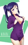  blue_hair blush breasts buttons character_name cleavage dress_shirt eyebrows_visible_through_hair highres large_breasts long_hair love_live! love_live!_sunshine!! matsuura_kanan naked_shirt open_clothes open_shirt ponytail purple_eyes purple_shirt shirt solo surfing_orange 