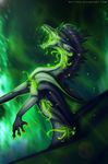  blue_hair claws dragon feral glowing glowing_eyes green_eyes hair membranous_wings neytirix open_mouth solo teeth wings 