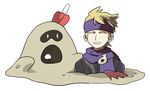  blonde_hair buried closed_eyes furukawa_(yomawari) gen_7_pokemon grin headband male_focus matsuba_(pokemon) open_mouth pokemon pokemon_(creature) pokemon_(game) pokemon_hgss purple_scarf sandygast scarf shovel smile 