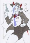 2016 anthro areola breasts canine claws clothed clothing english_text female fur gun handgun hat mammal miles_df necktie nipples partially_clothed ranged_weapon red_fur revolver shorts signature solo suit text tight_clothing weapon white_fur 