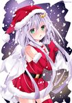  1girl bare_shoulders belt blue_eyes blush chestnut_mouth christmas crescent crescent_hair_ornament dress elbow_gloves gloves green_eyes hair_ornament hat kantai_collection long_hair looking_at_viewer nanase_nao nogi_takayoshi open_mouth personification purple_hair red_thighhighs sack santa_costume santa_hat short_hair_with_long_locks shy sideburns snow snowing solo thighhighs thighs tongue yayoi_(kantai_collection) zettai_ryouiki 