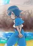  arms_behind_back bare_shoulders blue_eyes blue_hair blue_sailor_collar bright_pupils crop_top from_behind highres looking_back pokemon pokemon_(game) pokemon_sm runachikku sailor_collar short_hair smile solo suiren_(pokemon) water white_pupils 