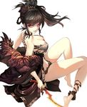 bare_shoulders breasts brown_hair cleavage copyright_request highres jewelry khopesh knife large_breasts long_hair looking_at_viewer looking_back necklace official_art pink_eyes simple_background smile solo suoni_(deeperocean) thighs 