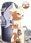  anthro butt canine clothing cub dog fur gloves looking_away male mammal moki nude orange_eyes shadow solo standing tan_fur young 