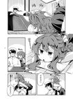  1girl :d =d admiral_(kantai_collection) ass breast_press breast_rest breasts breasts_on_head comic commentary curly_hair desk greyscale hair_ribbon hat imu_sanjo kantai_collection lying military military_uniform monochrome naganami_(kantai_collection) naval_uniform on_stomach open_mouth peaked_cap pillow ribbon school_uniform smile t_mask translated triangle_mouth uniform window wooden_floor 