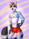  2016 5_fingers anthro big_tail biped black_fur black_nose black_tail blades_tavare boxers_(clothing) brown_hair bulge canine cheek_tuft clothed clothing countershade_face countershade_torso countershading digital_media_(artwork) eyebrows fangs fluffy fluffy_tail front_view fur gloves_(marking) green_eyes grey_fur grey_tail hair hand_on_hip hand_on_thigh hi_res humanoid_hands hybrid inner_ear_fluff long_tail looking_at_viewer male mammal markings multicolored_tail navel pattern_background portrait pose raccoon red_bottomwear red_clothing red_underwear ringed_tail short_hair simple_background smile solo standing tattoo three-quarter_portrait topless tuft two_tone_tail underwear vallhund watermark white_countershading white_fur wolf 