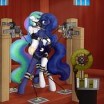  2016 anthro anthrofied bdsm blue_eyes blue_fur blue_hair bondage bondage_furniture bound breasts cleavage clothed clothing collar cuffs_(disambiguation) cutie_mark dildo double_dildo duo equine feathered_wings feathers female female/female friendship_is_magic fur gag hair hi_res horn horn_ring incest looking_at_viewer mammal multicolored_hair my_little_pony oral pentoolqueen princess_celestia_(mlp) princess_luna_(mlp) purple_eyes raised_tail ring_gag rope sex_toy sibling sisters spreader_bar teeth tied_together toy white_fur winged_unicorn wings 