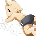  anthro brown_eyes bulge canine clothed clothing cub dog fur hindpaw looking_back male mammal moki paws shadow simple_background solo swimming swimming_trunks swimsuit tan_fur topless young 