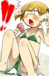  !! 1girl bikini blush breasts female floor food green_bikini holding holding_food ice_cream ice_cream_cone knees_up light_brown_eyes light_brown_hair marui_mitsuba messy mitsudomoe on_floor open_mouth p-u-n-i pussy short_hair short_twintails sitting small_breasts solo spill surprised swimsuit trembling twintails uncensored untied_bikini wooden_floor 