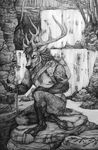  antlers backpack cervine cloven_hooves compass crosshatching greyscale hooves horn male mammal monochrome mostly_nude nipples reindeer rock simul sitting solo waterfall 