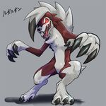  glowing glowing_eyes grey_background lycanroc no_humans open_mouth pokemon pokemon_(creature) red_eyes simple_background solo teeth tongue zaebos 