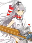  aircraft airplane amatsukaze_(kantai_collection) artist_name cannon commentary_request cosplay dress flight_deck hair_tubes heart highres kantai_collection long_hair rensouhou-kun retorillo saratoga_(kantai_collection) saratoga_(kantai_collection)_(cosplay) side_ponytail silver_hair trigger_discipline upper_body very_long_hair white_background white_dress yellow_eyes 