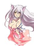  ;) animal_ears animal_print arm_ribbon bakemonogatari bare_shoulders black_hanekawa blue_ribbon blush breasts cat_ears cat_print error hanekawa_tsubasa highres large_breasts long_hair looking_at_viewer monogatari_(series) one_eye_closed pajamas parted_lips rei_no_himo ribbon slit_pupils smile solo white_hair wind yasu_(pixiv) yellow_eyes 